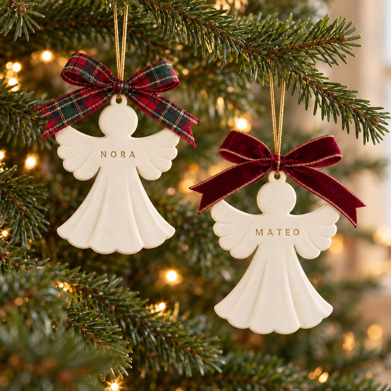 Dos ángeles con los nombres Nora y Mateo colgados en un árbol de Navidad