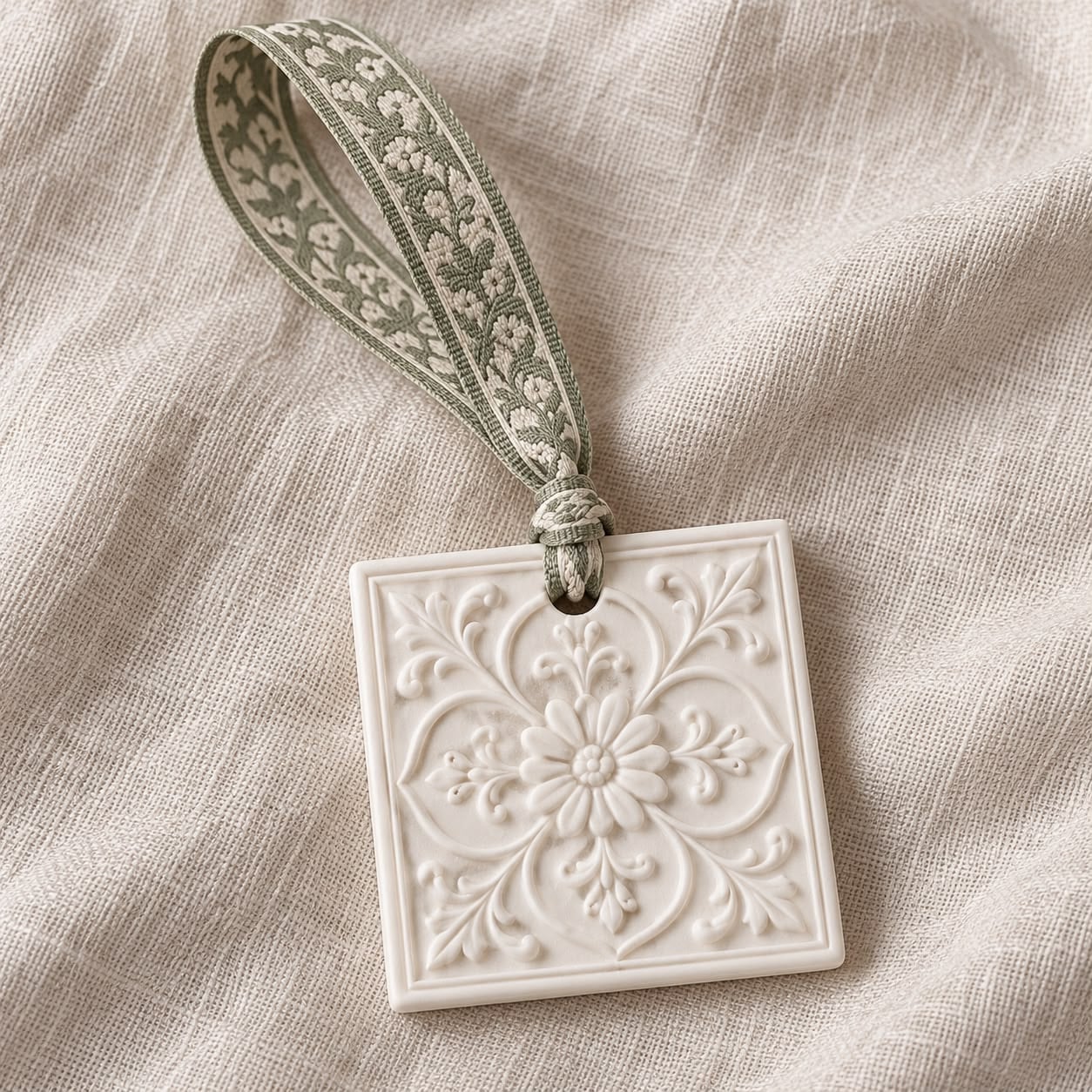 Azulejo floral con cinta bordada en verde salvia
